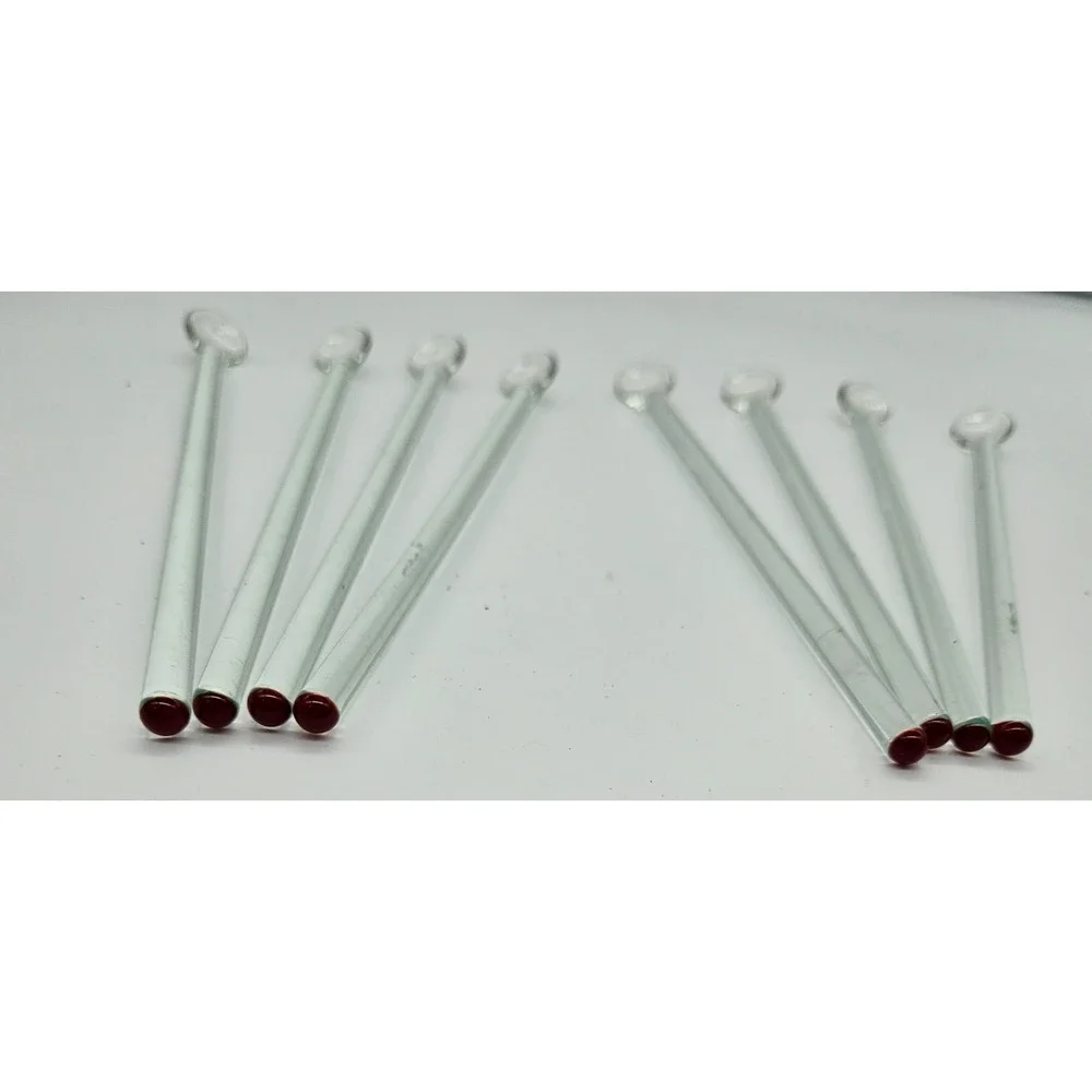 VINTAGE Set of 8 Clear Glass Stirrers with Round‎ RED Ends Cocktail Drink Mixers